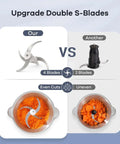 Comparison of food processor chopper and meat grinder with 2 speed settings and 8 cup stainless steel bowl versus another brand.