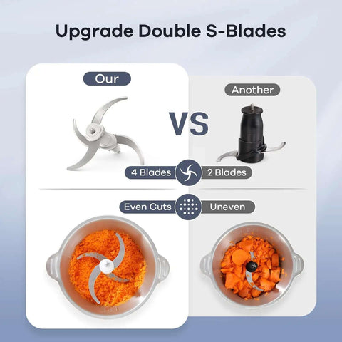 Comparison of food processor chopper and meat grinder with 2 speed settings and 8 cup stainless steel bowl versus another brand.