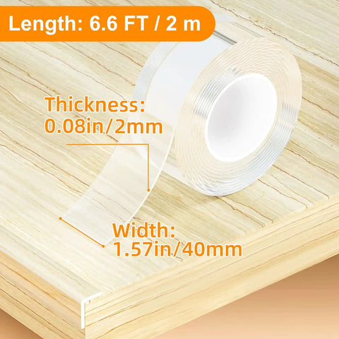 Solid Go To Clear Edge Protector Tape, 1.5 Inch X 6.6 Feet, self adhesive tape showing thickness and width on wood surface.