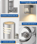 Two Pack Dope Outdoor Wall Light Up Down Modern Sconce With Stainless Steel Cylinder In Brushed Nickel close-up details.