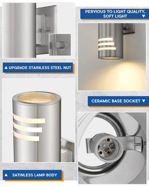 Two Pack Dope Outdoor Wall Light Up Down Modern Sconce With Stainless Steel Cylinder In Brushed Nickel close-up details.