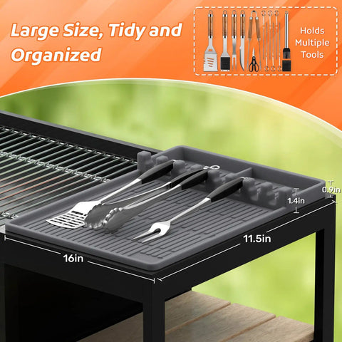 Silicone Griddle Tools Mat For Blackstone Griddles Outdoor Grill Side Shelf Organizer With utensils, 16x11.5 in, gray.