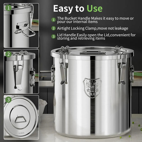 Heavy Duty Stainless Steel Airtight Food Storage Bucket With Secure Locking Lids Great For Bulk Rice Flour Dog Food Or Coffee visible from front with handle and lid details.