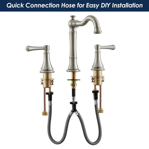 Brushed Nickel 2-Handle Bathroom Faucet 8 Inch Widespread for 3 Holes With Plastic Pop Up Drain Classic Vanity Sink Faucet High Arc 360 Degree Swivel Brass Spout Lead Free Ceramic Disc 1.2 GPM Water Saving Easy Install