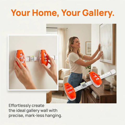 Essential Dead On Picture Hanging Level And Frame Alignment Ruler For No Sweat Wall Decor Setup With Bright Orange Precision Bubble Guide for reliable art placement being used on a wall.