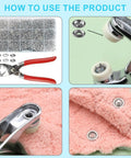 200 Piece Metal Snap Button Set With Quick Fastener Pliers Tool Kit in use on fabric, showing snaps and pliers detail.