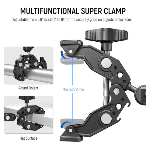 Workhorse Heavy Duty Super Clamp with a 3 Inch Dual Ballhead Magic Arm for 0.6 to 2.5 inch surfaces, adjustable for round or flat objects.