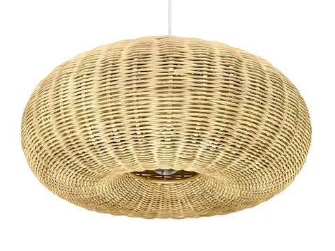 Handwoven Wicker Donut Pendant Lamp In Natural Brown 23 Inch Diameter Ceiling Light With Adjustable Cord Up To 71 Inches