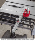 Dead On Ninety Degree Miter Gauge Kit For Knockout Square Cuts Every Time With Patent Pending Nylon Leaf Springs attached to table saw.