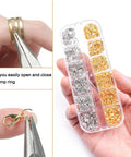 One Stop Jewelry Making Kit With Open Jump Rings And Lobster Clasps Pliers Tweezers And Ring Opener For Necklace Repair And DIY Crafting 1200 Piece Silver And Gold Component Set showing pliers with jump rings and clasp.