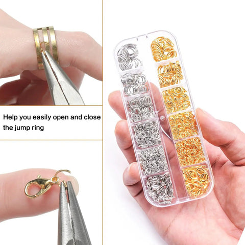 One Stop Jewelry Making Kit With Open Jump Rings And Lobster Clasps Pliers Tweezers And Ring Opener For Necklace Repair And DIY Crafting 1200 Piece Silver And Gold Component Set showing pliers with jump rings and clasp.