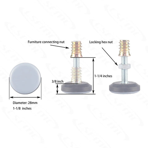 Stop Rocking Your Furniture With PTFE Bottom Leveler Pads, 28mm Base And One Quarter Twenty Threaded Shank, Adjustable Leg Levelers