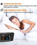 Woman sleeping with Projection Alarm Clock With Weather Station And Wireless Indoor Outdoor Thermometer on nightstand