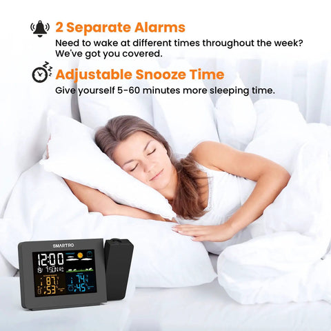 Woman sleeping with Projection Alarm Clock With Weather Station And Wireless Indoor Outdoor Thermometer on nightstand