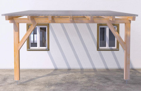 Wooden carport attached to a building with two windows, featuring wooden beams and a slanted roof design.