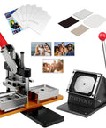 DIY Fridge Magnet Maker Kit With 2x2 2x3 2.5x2.5 And 2.5x3.5 Inch Sizes featuring press, paper cutter, and supplies.
