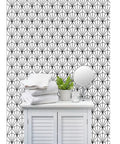 Top Shelf Black And White Pvc Free Type Ii Professional Wallpaper With Fresh Matte Linen Texture Dang Tough Build For Busy Kitchens Bathrooms And Commercial Zones Paste To Paper Custom Printed Just For You on a white cabinet in a bathroom setting.