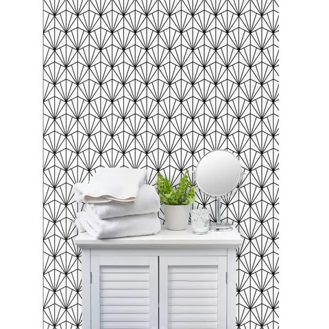 Top Shelf Black And White Pvc Free Type Ii Professional Wallpaper With Fresh Matte Linen Texture Dang Tough Build For Busy Kitchens Bathrooms And Commercial Zones Paste To Paper Custom Printed Just For You on a white cabinet in a bathroom setting.