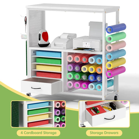 Cricut Compatible Craft Storage Cart With Vinyl Roll Holder And Drawers, shown storing craft tools and vinyl rolls.