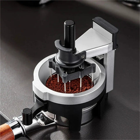 Professional 58Mm Espresso WDT Distribution Tool With 12 Tuning Needles above ground coffee, showcasing adjustable depth and rotary design.