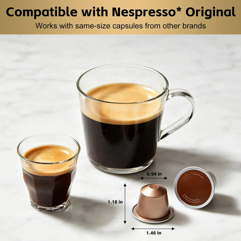 Single Serve Espresso Machine for Nespresso Pods Compatible with Original and Other Brands, coffee and capsules shown