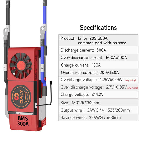 Heavy Duty 72 Volt Lithium Ion Battery Management System Delivers 300 Amp Output And Integrated Cooling Fan with specifications display.