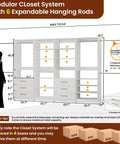 Four Piece Modular Closet Organizer System Featuring Six Roomy Slide Out Drawers Six Flexible Hanging Rods And Fifteen Spacious White Shelves Crafted From Heavy Duty Panels For Zero Hassle Walk In Storage dimensions and features diagram.