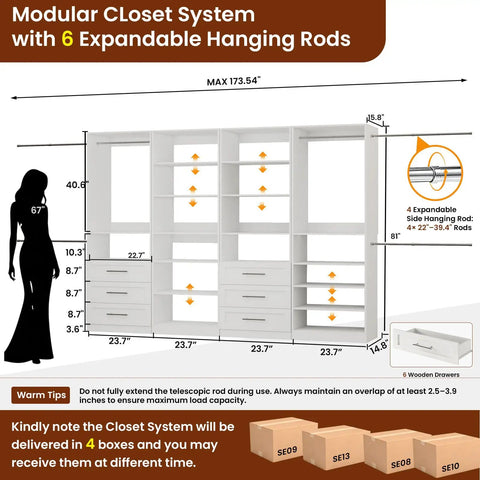 Four Piece Modular Closet Organizer System Featuring Six Roomy Slide Out Drawers Six Flexible Hanging Rods And Fifteen Spacious White Shelves Crafted From Heavy Duty Panels For Zero Hassle Walk In Storage dimensions and features diagram.