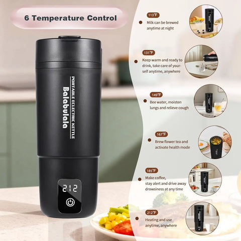 Travel Electric Kettle With Six Temperature Presets From 113 To 212 Fahrenheit, Portable Water Boiler with display, kitchen view.