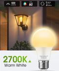 Dusk To Dawn Sensor LED Bulbs 6W A19 Outdoor Lighting 500 Lumens 2700K Warm White Auto On Off Photocell E26 40W Equivalent.