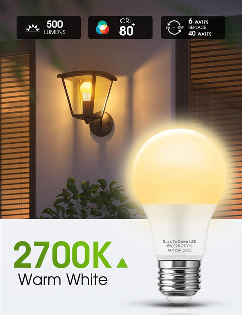 Dusk To Dawn Sensor LED Bulbs 6W A19 Outdoor Lighting 500 Lumens 2700K Warm White Auto On Off Photocell E26 40W Equivalent.