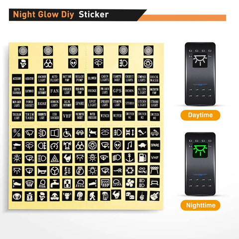 Night glow DIY stickers from 3 Gang Aluminum Panel Toggle Rocker Switch Kit with daytime and nighttime visibility.