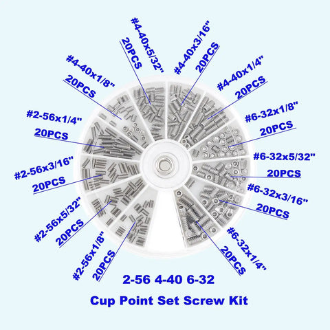 Straight Up Solid 304 Stainless Steel Cup Point Hex Set Screw Assortment Featuring 240 Pieces Across Twelve Standard Inch Threads, assorted sizes in a circular organizer.