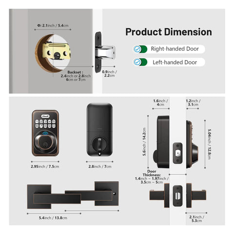 Smart Fingerprint Door Lock With Keypad And Dual Handles, No Keys Needed, Keyless Entry dimensions illustration, easy to install