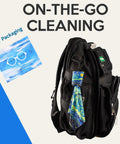 Seabbo microfiber glasses cleaning cloths keychain, 4-pack, double-sided World Classic Art design, on black backpack