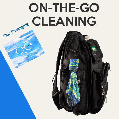 Seabbo microfiber glasses cleaning cloths keychain, 4-pack, double-sided World Classic Art design, on black backpack