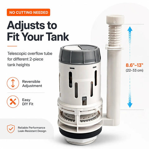 3 Inch Dual Flush Valve Replacement Kit For Most 2 Piece Toilets Inside Tank With Fill Valve Push Button Gasket And Bolts No More Leaks No More Running Toilet Better Flush Water Saving showing adjustable overflow tube