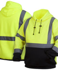Hi Vis Lime Safety Pullover Sweatshirt With Black Bottom Hem 2X Large front and back view, for cold weather jobsites