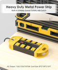 Beefy Heavy Duty Metal Power Strip Surge Protector with 8 Outlets resting on workbench, yellow aluminum housing, 6 ft cord