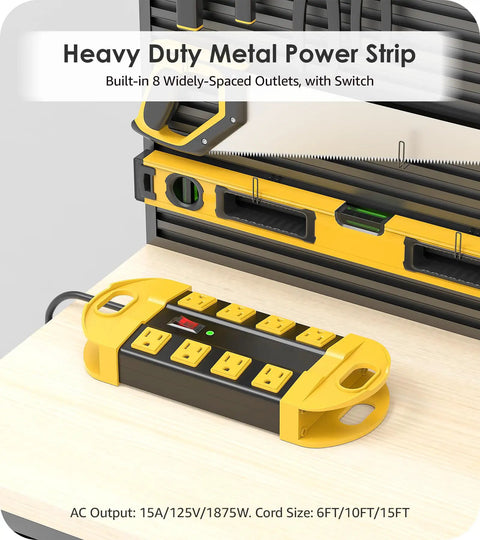 Beefy Heavy Duty Metal Power Strip Surge Protector with 8 Outlets resting on workbench, yellow aluminum housing, 6 ft cord