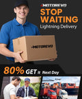 Motorevo delivery service promoting lightning-fast shipping with courier holding a box, additional shipping scenes.