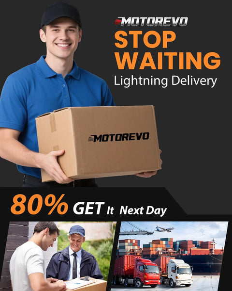 Motorevo delivery service promoting lightning-fast shipping with courier holding a box, additional shipping scenes.