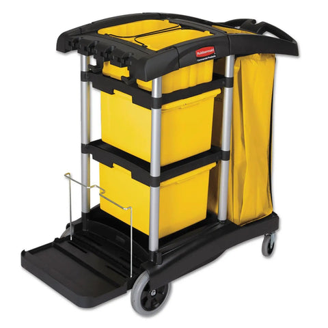 High-Capacity Janitorial Cleaning Cart With Bins Black Zippered Vinyl Bag And Durable Wheels Perfect For Schools And Facilities Delivers 40 Percent More Space Interchangeable Handles Removable Platform To Shrink Footprint And Boost Efficiency