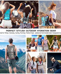 Collage of people wearing festival hydration packs, including Transparent Purple 20L Hydration Backpack With 2L BPA Free Bladder