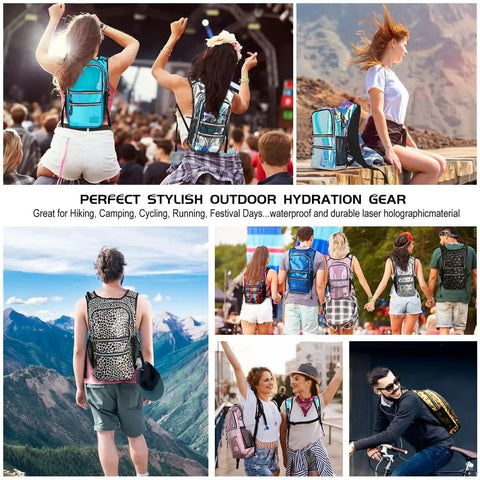 Collage of people wearing festival hydration packs, including Transparent Purple 20L Hydration Backpack With 2L BPA Free Bladder