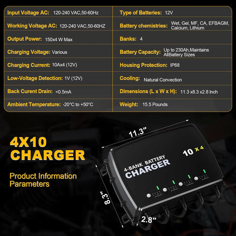4-Bank Marine Battery Charger With Waterproof, Rugged Setup, 10A Per Bank, 12V Multi-Mode Charging For AGM, LiFePO4 And Deep-Cycle Batteries, Ideal For Boats, Yachts, And Marine Electronics