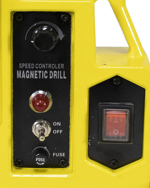 Pro Level Magnetic Drill Press Featuring Badass 2700 Lbs Clamping Power And Top Tier 2 Inch High Speed Steel Annular Cutter Kit control panel with speed settings.