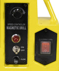 Control panel of Straight Up Heavy Hitting Magnetic Drill Press with speed dial, power switch, and fuse.