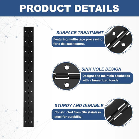 Heavy Duty Black 304 Stainless Steel Piano Hinges 20X2 Inch Continuous Door Hinges With Pre Drill Holes detailed view showing sink hole design and sturdy construction.
