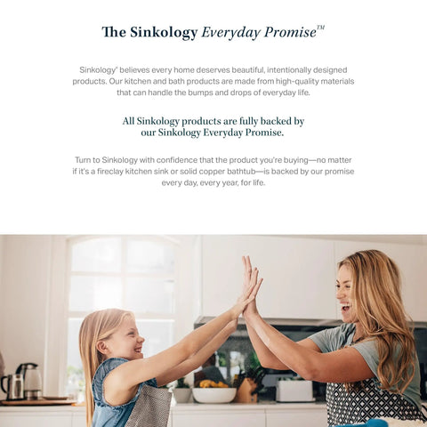 Mother and daughter high-fiving in kitchen, both smiling, Sinkology Everyday Promise text above.